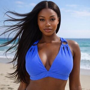 BECCA Periwinkle Blue Ribbed Bikini Crisscross Back Bikini Top NWT Size D Cup